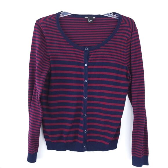 H&M Maroon & Navy Striped Cardigan Medium Preppy, School Girl Long Sleeve - Picture 2 of 5